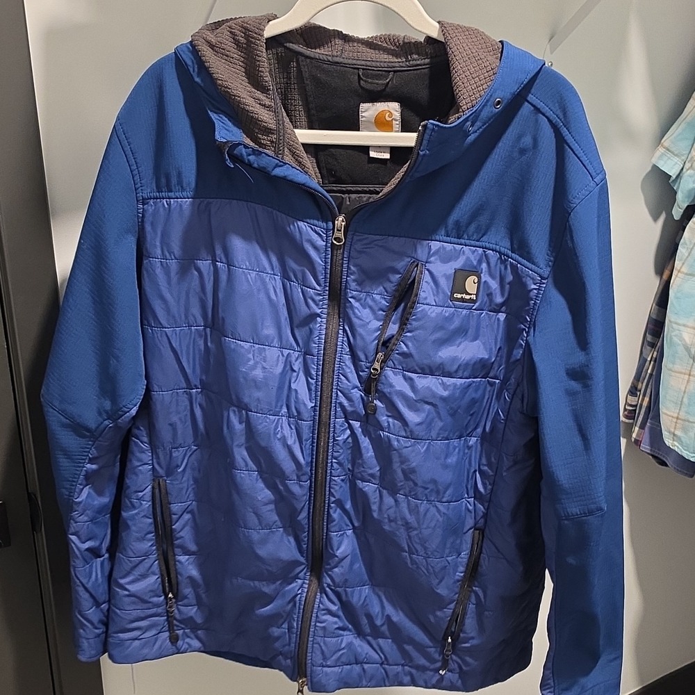 Carhartt Mens‎ Blue Quilted Hybrid Full Zip Hooded Jacket Large Ripstop Workwear